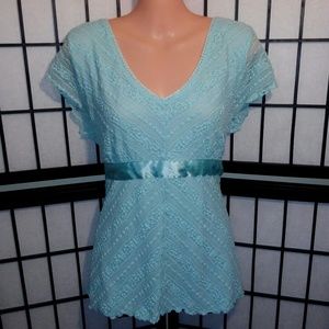 INC Blue Crochet Lace Overlay Top Size Large